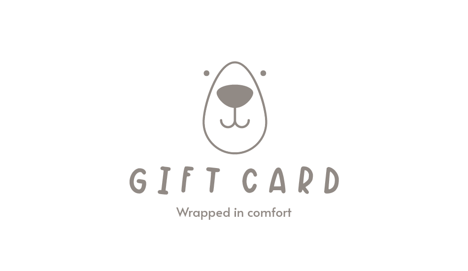 Gift card design with a bear face icon and text 'Wrapped in comfort' on a white background